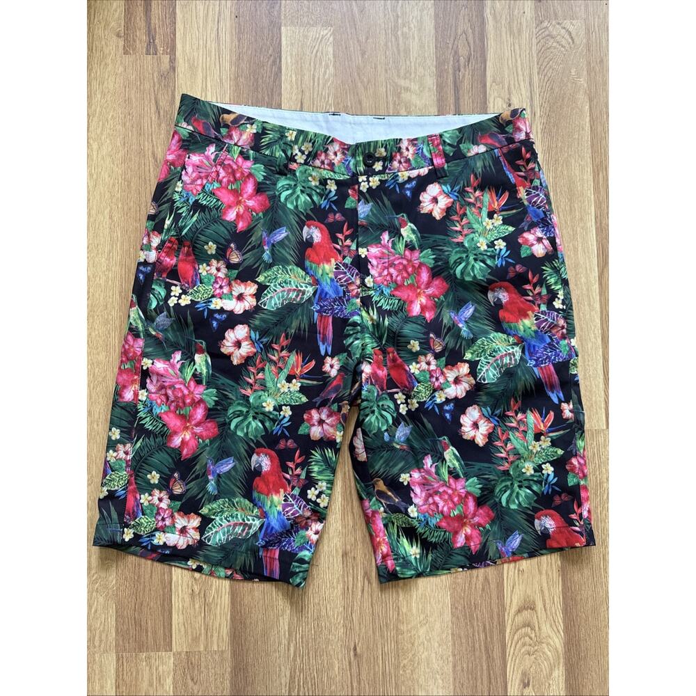 HRESKI Men's Golf Shorts Bold Multi-Color Tropical/Aloha Birds Floral Sz 32